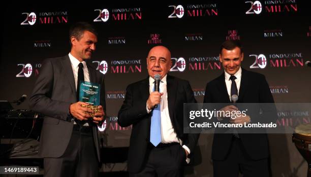 Technical Area Director AC Milan Paolo Maldini, Adriano Galliani and Andriy Shevchenko talk on stage during the AC Milan Foundation Gala Event on...