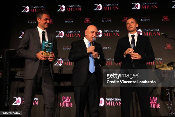 Technical Area Director AC Milan Paolo Maldini, Adriano Galliani and Andriy Shevchenko talk on stage during the AC Milan Foundation Gala Event on...