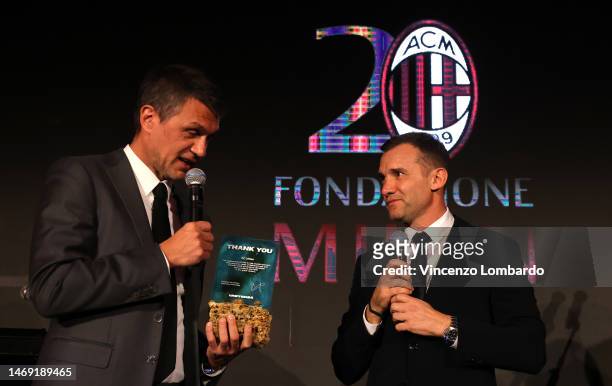 Technical Area Director AC Milan Paolo Maldini awards Andriy Shevchenko during the AC Milan Foundation Gala Evenon February 23, 2023 in Milan, Italy.