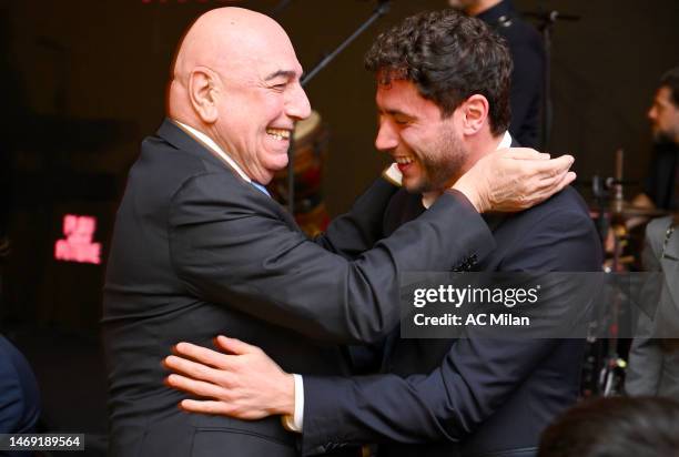 Adriano Galliani hugs Davide Calabria during the AC Milan Foundation Gala Event on February 23, 2023 in Milan, Italy.