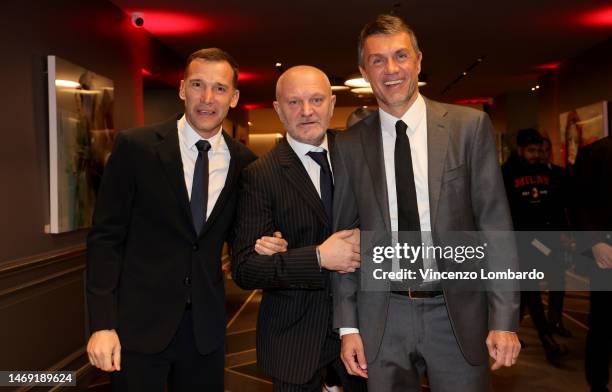 Andriy Shevchenko, Pucci and Technical Area Director AC Milan Paolo Maldini pose during the AC Milan Foundation Gala Event on February 23, 2023 in...