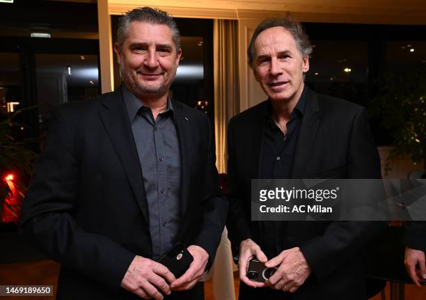Milan Legends Daniele Massaro and Franco Baresi pose during the AC Milan Foundation Gala Event on February 23, 2023 in Milan, Italy.