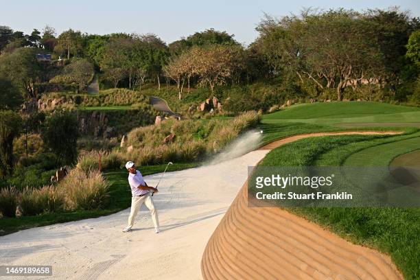 General view as Pablo Larrazabal of Spain plays their shot out of the bunker on the 16th hole during Day Two of the Hero Indian Open at Dlf Golf and...