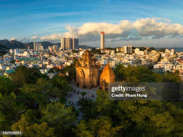 drone view ponagar tower in sunset - vietnam wall stock pictures, royalty-free photos & images
