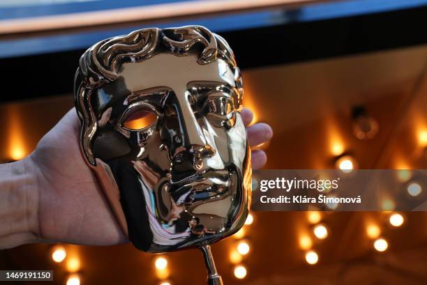 General view of the BAFTA award trophy ahead of the EE BAFTA Film Awards 2023 at The Royal Festival Hall on February 19, 2023 in London, England.