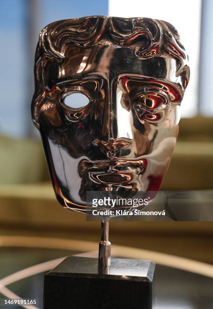 General view of the BAFTA award trophy ahead of the EE BAFTA Film Awards 2023 at The Royal Festival Hall on February 19, 2023 in London, England.