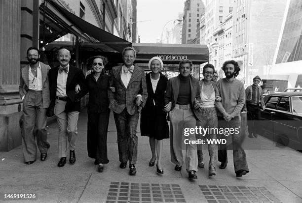 Designers Don Kline, Lee Bailey, Viola Sylbert, Dick Huebner, Ralph Lauren, Holly Harp, and Carlos Falchi and Bendel's president Geraldine Stutz pose...