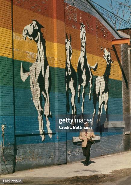 Japanese-born artist Sachio Yamashita jogs past one of his murals on the façade of the Lake Shore Stables in Chicago, Illinois, in April 1974....