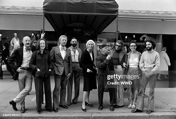 Designers Don Kline, Lee Bailey, Viola Sylbert, Dick Huebner, Ralph Lauren, Holly Harp, and Carlos Falchi and Bendel's president Geraldine Stutz pose...