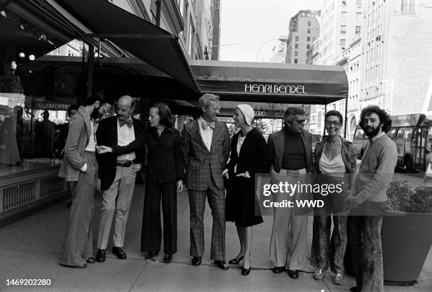 Designers Don Kline, Lee Bailey, Viola Sylbert, Dick Huebner, Ralph Lauren, Holly Harp, and Carlos Falchi and Bendel's president Geraldine Stutz pose...