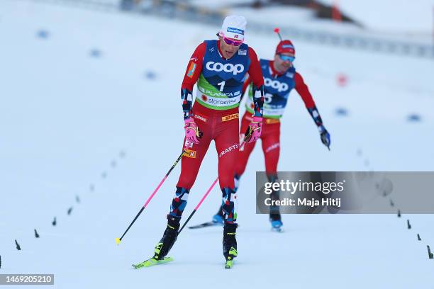 Johannes Hoesflot Klaebo of Norway approaches the finish line during the Cross-Country Men's 30km Skiathlon Classic/Free at the FIS Nordic World Ski...