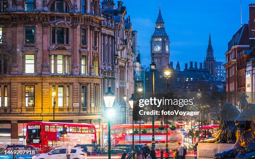 London Big Ben overlooking Whitehall red buses Trafalgar Square night London Big Ben overlooking Whitehall red buses Trafalgar Square night