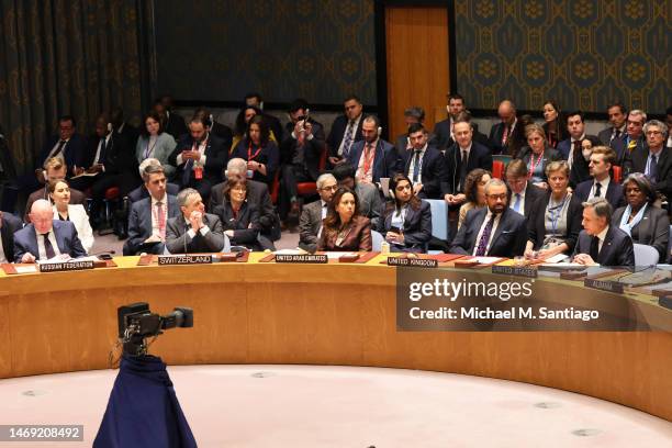 Members of the Security Council listen as U.S. Secretary of State Antony Blinken speaks during a meeting concerning the war in Ukraine at United...