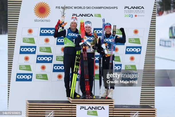 Silver medalist, Johannes Hoesflot Klaebo of Norway, gold medalist, Simen Hegstad Krueger of Norway and bronze medalist, Sjur Roethe of Norway...