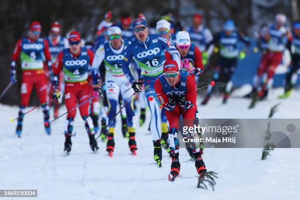 Simen Hegstad Krueger of Norway competes during the Cross-Country Men's 30km Skiathlon Classic/Free at the FIS Nordic World Ski Championships Planica...