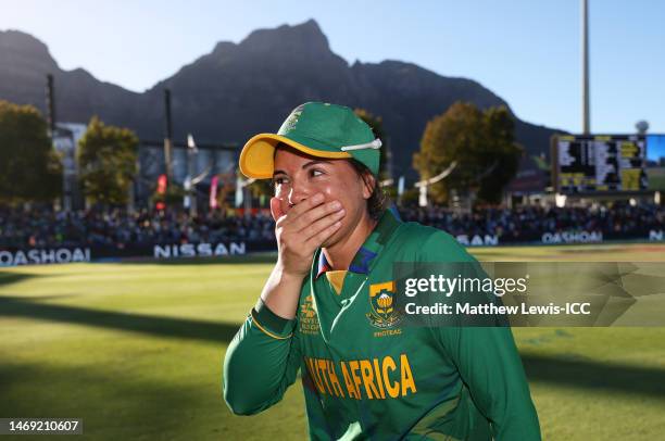 Sune Luus of South Africa celebrates following the ICC Women's T20 World Cup Semi Final match between England and South Africa at Newlands Stadium on...