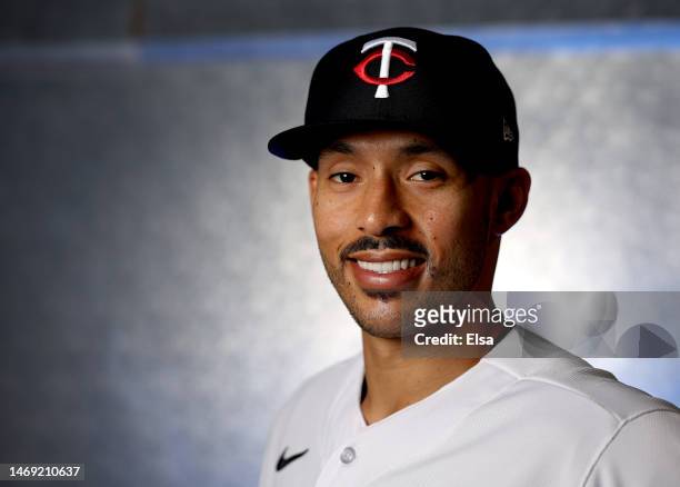 Carlos Correa of the Minnesota Twins poses for a portrait during the Minnesota Twins Photo Day on February 24, 2023 at Hammond Stadium in the Lee...