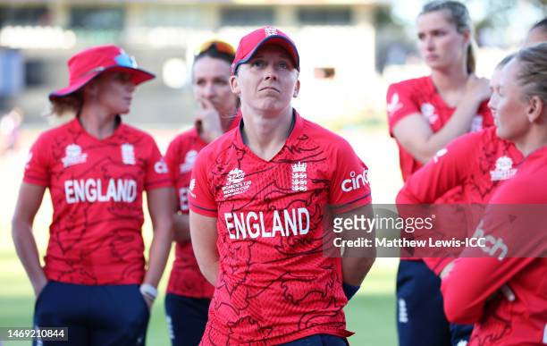 Heather Knight of England cuts a dejected figure following the ICC Women's T20 World Cup Semi Final match between England and South Africa at...