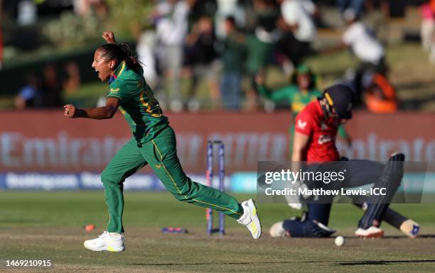 Shabnim Ismail of South Africa celebrates the wicket of Heather Knight of England during the ICC Women's T20 World Cup Semi Final match between...