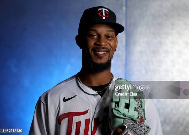 Byron Buxton of the Minnesota Twins poses for a portrait during the Minnesota Twins Photo Day on February 24, 2023 at Hammond Stadium in the Lee...