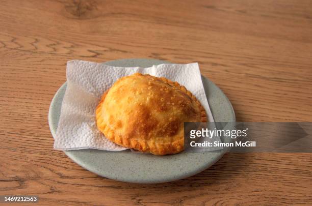 pastel de pollo con champiñones (chicken and mushroom savory pie) on a paper napkin on a plate - empanada imagens e fotografias de stock