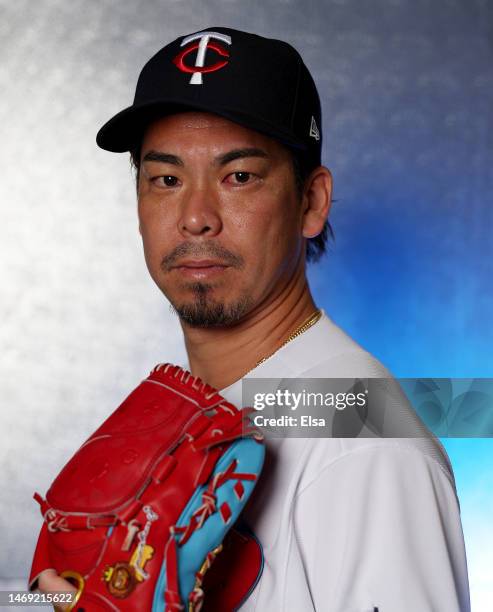 Kenta Maeda of the Minnesota Twins poses for a portrait during the Minnesota Twins Photo Day on February 24, 2023 at Hammond Stadium in the Lee...
