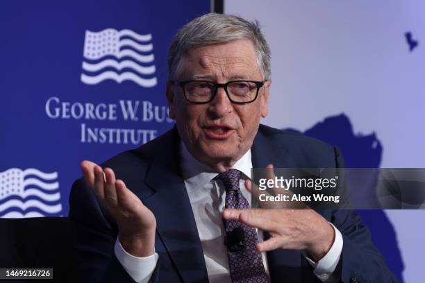Co-founder of Microsoft Bill Gates speaks during an event to mark the 20th anniversary of PEPFAR at the United States Institute of Peace on February...