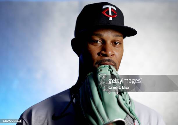 Byron Buxton of the Minnesota Twins poses for a portrait during the Minnesota Twins Photo Day on February 24, 2023 at Hammond Stadium in the Lee...