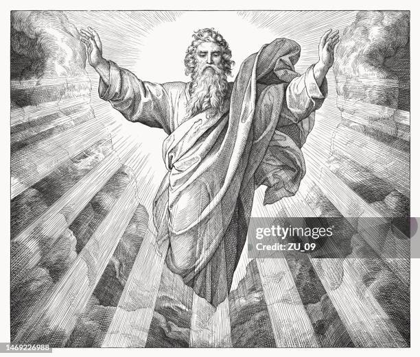 creation of the world (genesis 1, 1-5), woodcut, published 1860 - creation stock illustrations