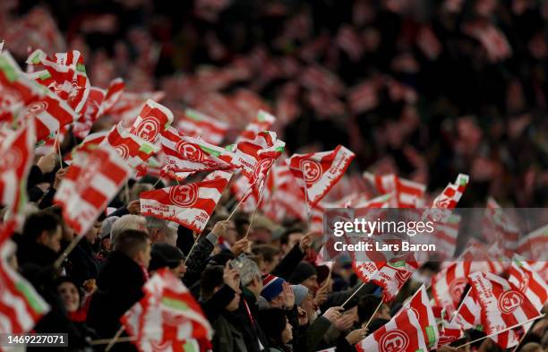 Fans of Duesseldorf are seen during the Second Bundesliga match between Fortuna Düsseldorf and Eintracht Braunschweig at Merkur Spiel-Arena on...