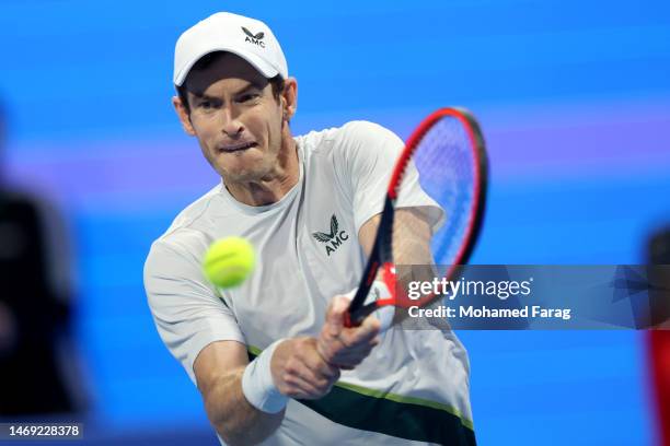 Andy Murray of Great Britain returns the ball to Jiri Lehecka of Czech Republic during their semi final match on day five of the Qatar ExxonMobil...