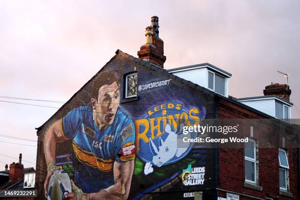 General view of a mural of former Leeds Rhinos player Kevin Sinfield prior to the Betfred Super League match between Leeds Rhinos and Hull FC at...
