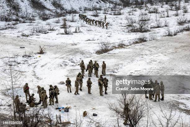 Ukrainian Army replacement troops go through combat training on February 24, 2023 in the Donbas region of eastern Ukraine. According to the group's...