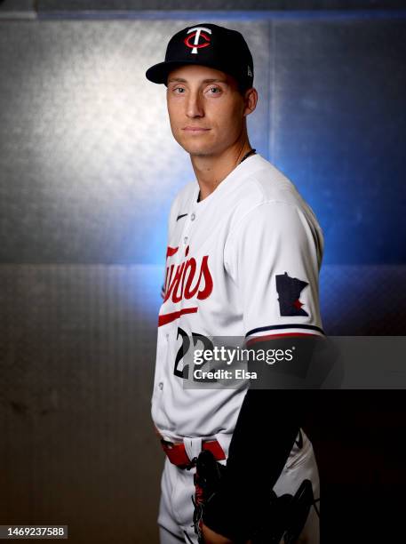 Griffin Jax of the Minnesota Twins poses for a portrait during the Minnesota Twins Photo Day on February 24, 2023 at Hammond Stadium in the Lee...