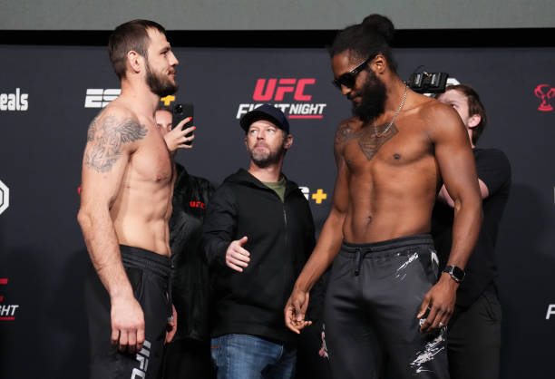 Opponents Nikita Krylov of Ukraine and Ryan Spann face off during the UFC weigh-in at UFC APEX on February 24, 2023 in Las Vegas, Nevada.