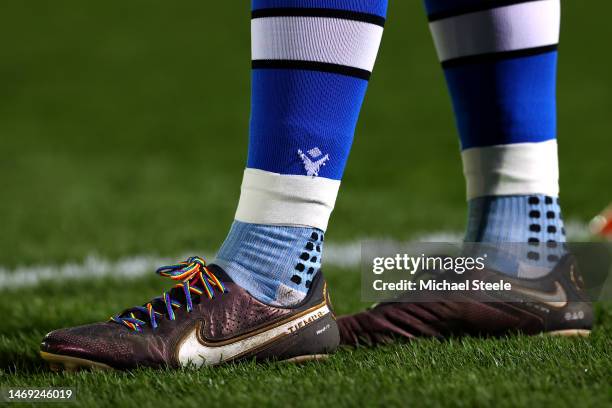 Bath Rugby players rainbow shoelaces are seen prior to the Gallagher Premiership Rugby match between Bath Rugby and Bristol Bears at Recreation...