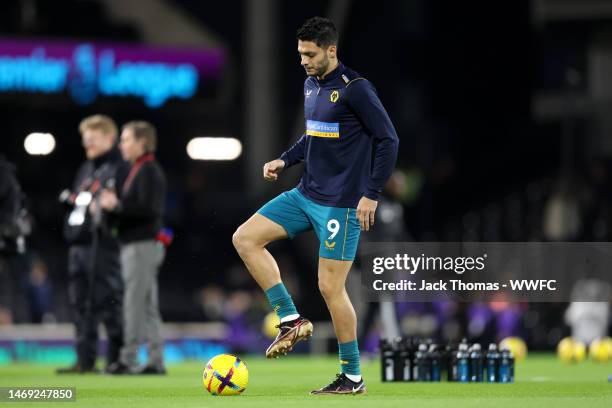 Raul Jimenez of Wolverhampton Wanderers warms up prior to the Premier League match between Fulham FC and Wolverhampton Wanderers at Craven Cottage on...
