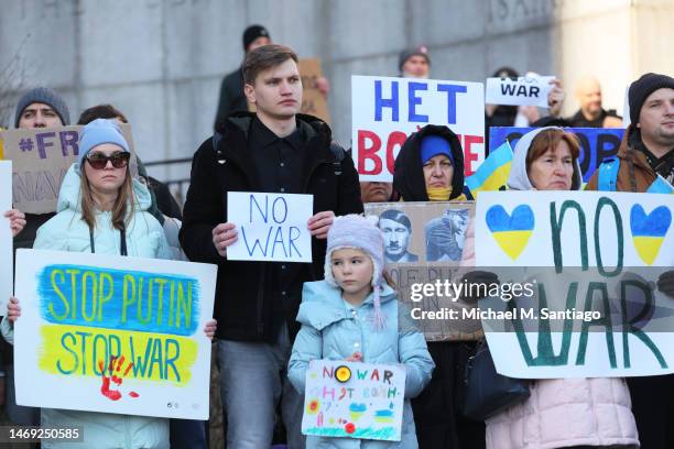People gather to protest the war in Ukraine on its one-year anniversary at Ralphe Bunche Park on February 24, 2023 in New York, New York. Protestors...