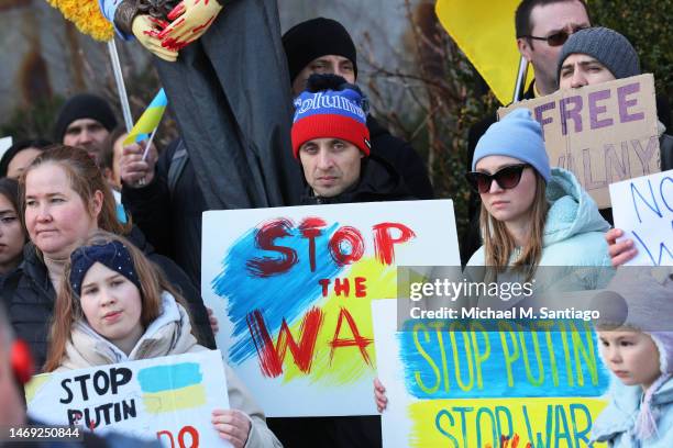 People gather to protest the war in Ukraine on its one-year anniversary at Ralphe Bunche Park on February 24, 2023 in New York, New York. Protestors...
