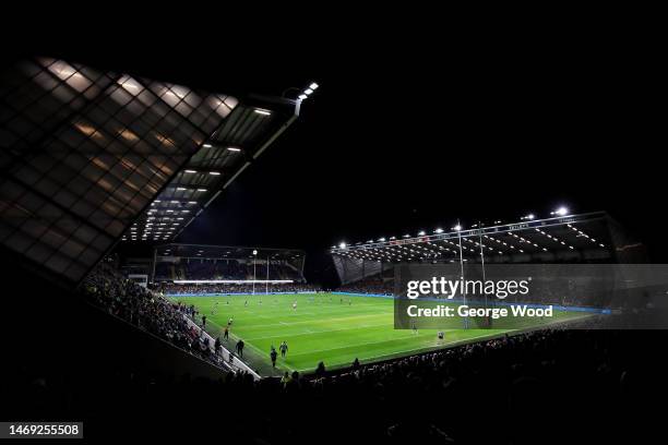 General view of play during the Betfred Super League match between Leeds Rhinos and Hull FC at Headingley on February 24, 2023 in Leeds, England.