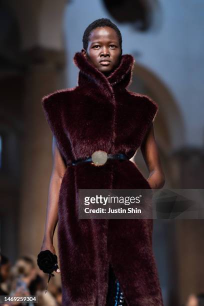 Model walks the runway at the Philosophy Di Lorenzo Serafini fashion show during the Milan Fashion Week Womenswear Fall/Winter 2023/2024 on February...