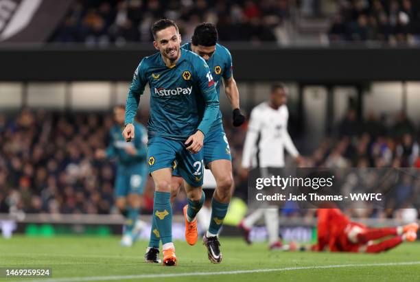 Pablo Sarabia of Wolverhampton Wanderers celebrates after scoring the team's first goal during the Premier League match between Fulham FC and...