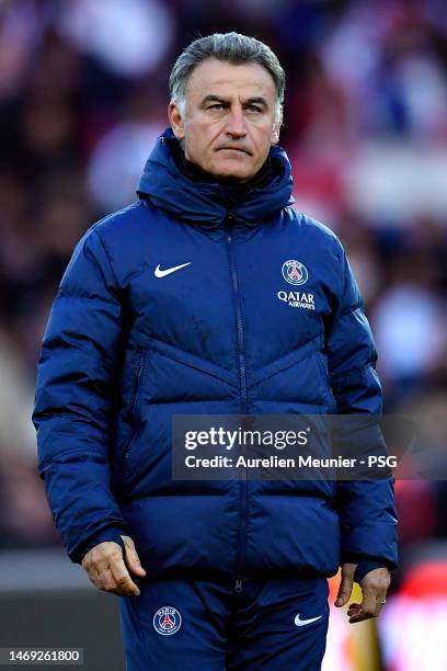 Christophe Galtier looks on during a Paris Saint-Germain training session at Parc des Princes on February 24, 2023 in Paris, France.