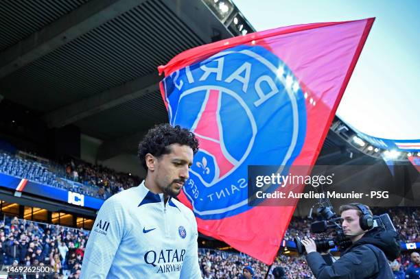 Marquinhos arrives on the pitch for a Paris Saint-Germain training session at Parc des Princes on February 24, 2023 in Paris, France.