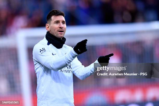 Leo Messi looks on during a Paris Saint-Germain training session at Parc des Princes on February 24, 2023 in Paris, France.