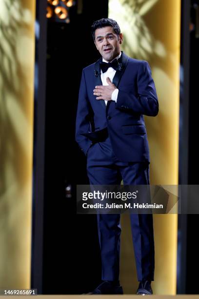 Jamel Debbouze speaks on stage during the 48th Cesar Film Awards at L'Olympia on February 24, 2023 in Paris, France.