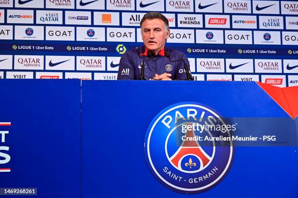 Christophe Galtier answers journalists during a press conference after a Paris Saint-Germain training session at Parc des Princes on February 24,...