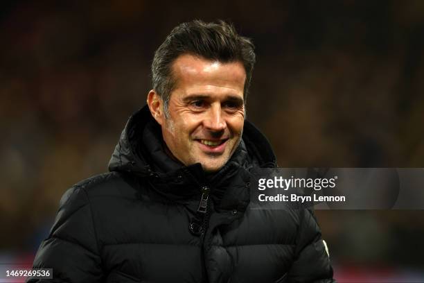Marco Silva, Manager of Fulham, looks on prior to the Premier League match between Fulham FC and Wolverhampton Wanderers at Craven Cottage on...
