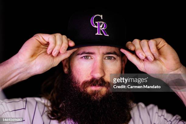 Charlie Blackmon of the Colorado Rockies poses for a photo during media day at Salt River Fields at Talking Stick on February 24, 2023 in Scottsdale,...