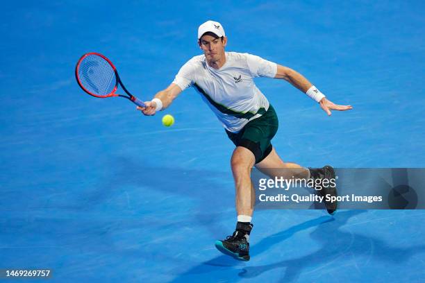 Andy Murray of Great Britain returns a ball against Jiri Lehecka of Czech Republic in their Men's Singles Semi Final match on day five of the Qatar...